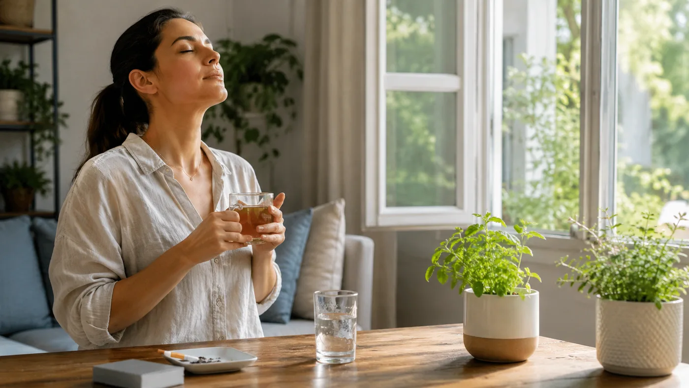 Mulher respirando fundo com calma, segurando um chá, cercada de plantas e luz natural, depois de parar de fumar
